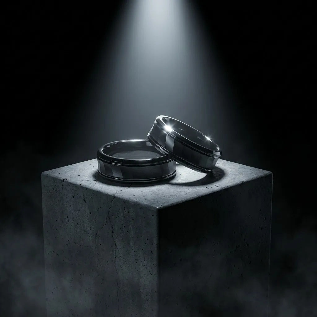 Bague Ravenstone en tungstène noir à motif géométrique, illustrant sa résistance pour un usage quotidien.