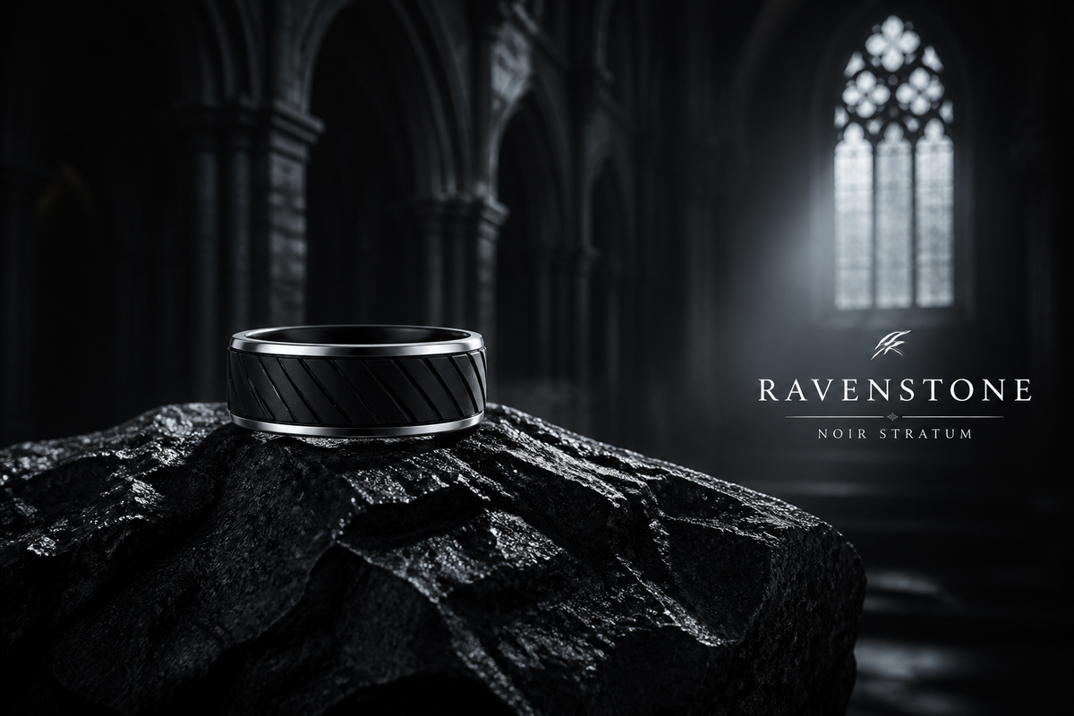 Bague Ravenstone Noir Stratum en tungstène noir aux rainures géométriques diagonales.