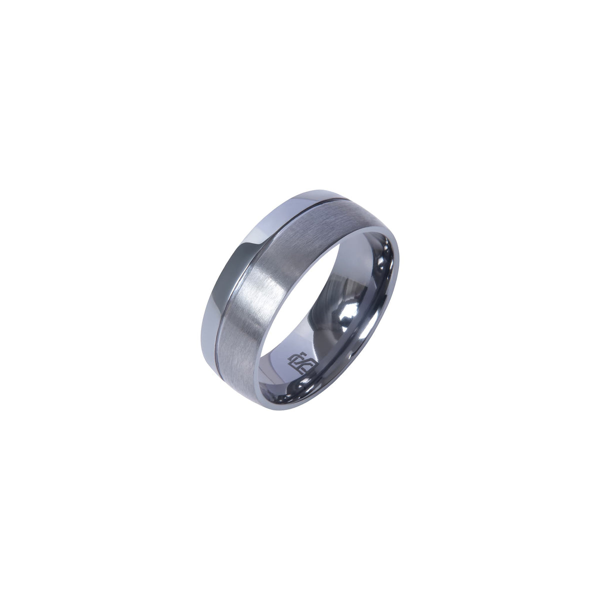 Bague Ravenstone en tantale bleu antarctique brossé avec bord lisse brillant, dressée verticalement sur fond blanc.