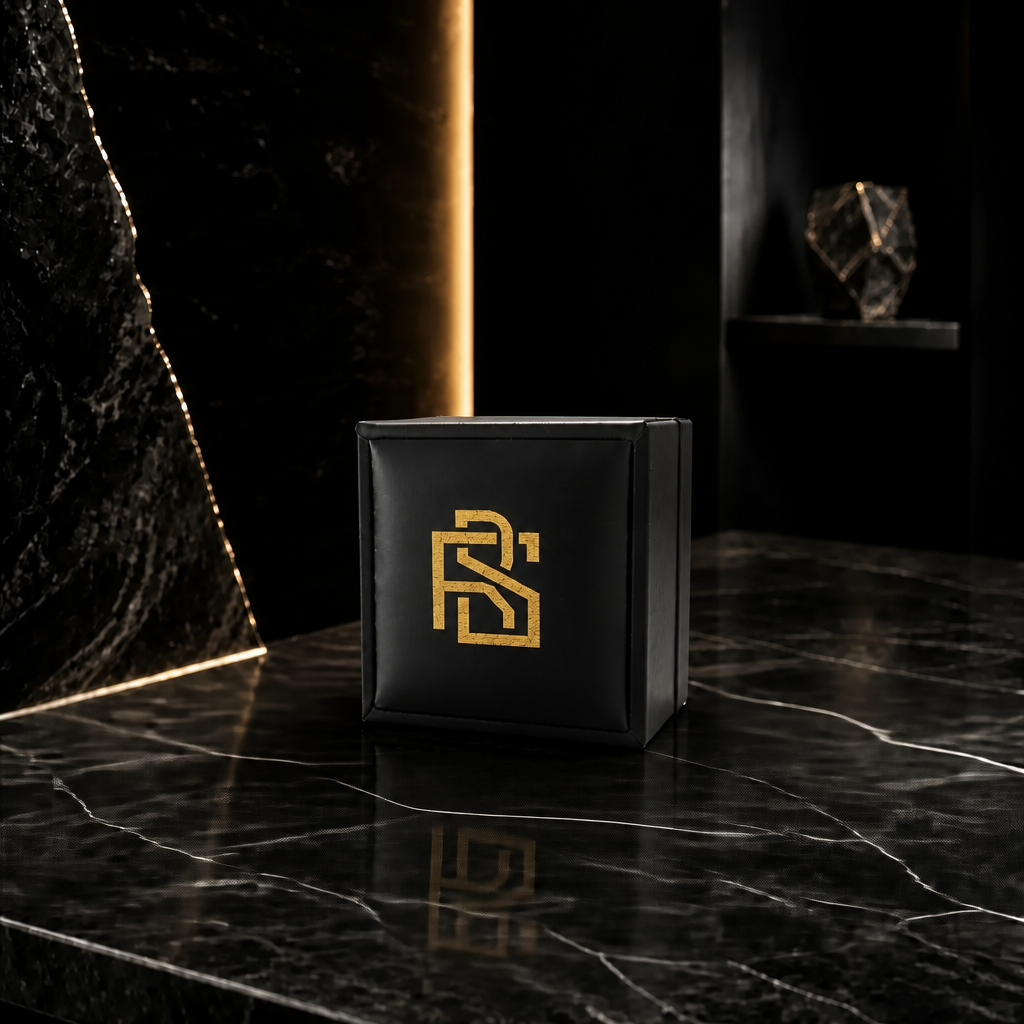 Coffret noir premium Ravenstone avec logo doré, packaging haut de gamme pour cadeau de mariage homme.