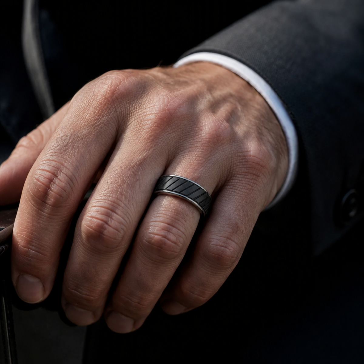 Bague Ravenstone Noir Stratum en tungstène noir à texture diagonale, portée à la main, illustrant la dureté du carbure de tungstène.