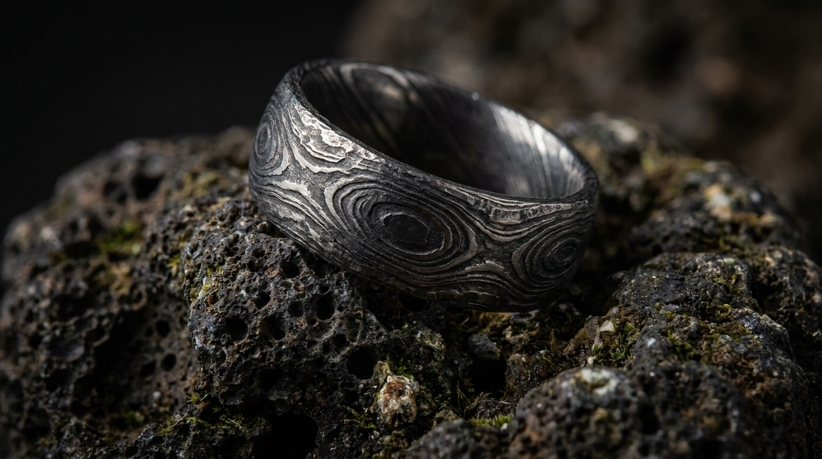 Bague en acier de Damas au motif ondulé façon bois, posée sur une roche volcanique sombre, illustrant la comparaison entre tungstène et acier de Damas.