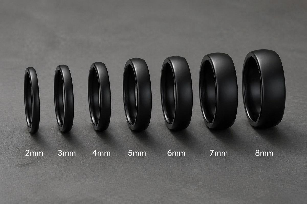 Bagues Ravenstone en tungstène de différentes largeurs, de 2 mm à 8 mm, présentées côte à côte pour illustrer les options de redimensionnement.