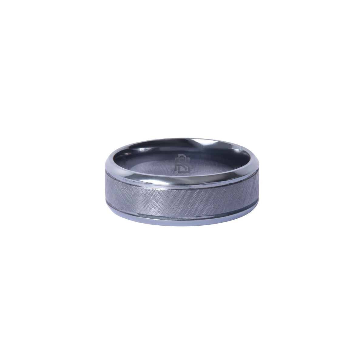 Bague Ravenstone en tantale bleu antarctique brossé, positionnée horizontalement sur fond blanc.